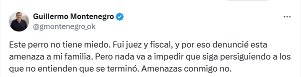 Montenegro publicó las amenazas de muerte que recibió a través de las redes sociales y admitió que “no tiene miedo”.