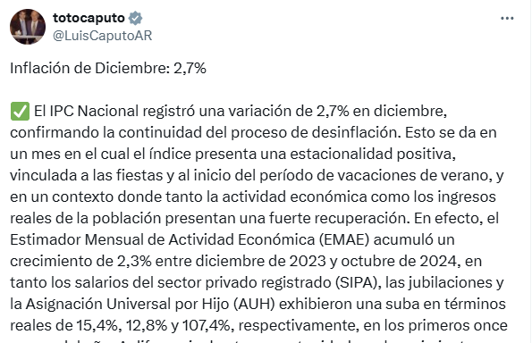 El mensaje del ministro Caputo tras conocerse el relevamiento de inflación de diciembre.