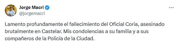 Jorge Macri lamentó el fallecimiento de Coria y envió sus condolencias a los familiares y amigos.