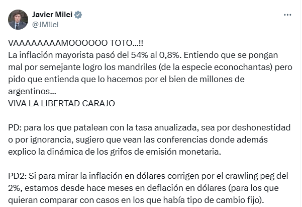 El mensaje del presidente Javier Milei tras conocerse el índice de inflación mayorista de diciembre.