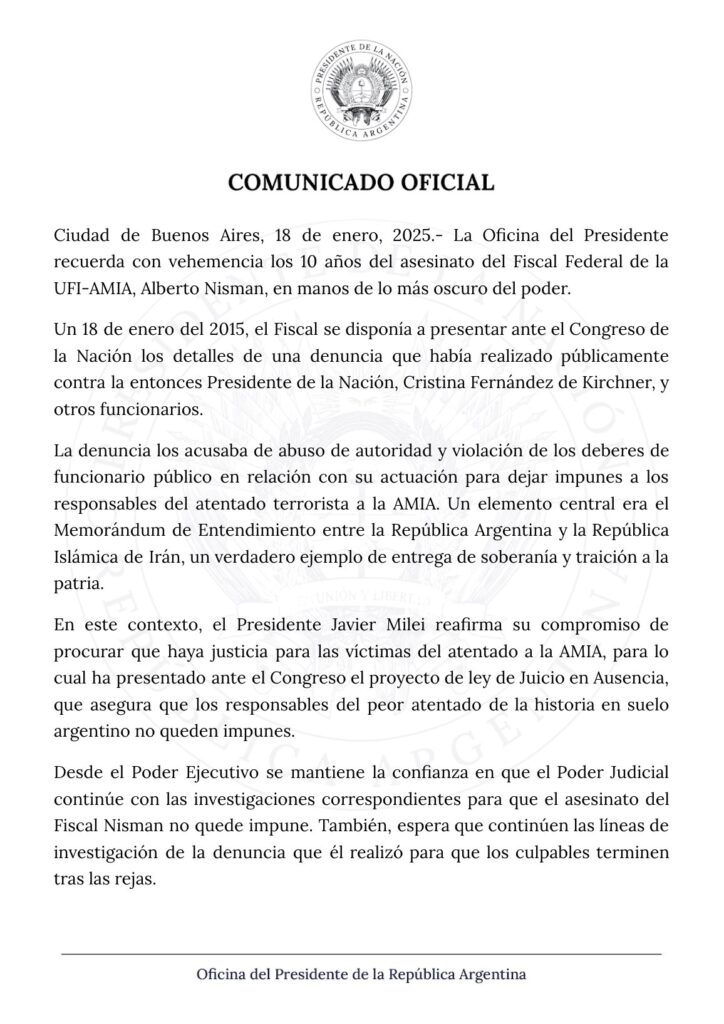 El comunicado del gobierno de Milei al cumplirse 10 años de la muerte del fiscal Alberto Nisman.