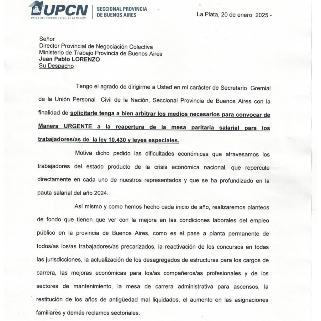 El pedido del gremio de los estatales bonaerenses dirigido al Ministerio de Trabajo bonaerense.