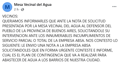 La Defensoría del Pueblo bonaerense y la Mesa Vecinal del Agua de La Plata se unieron para exigirle a ABSA que garantice el servicio en toda la ciudad.