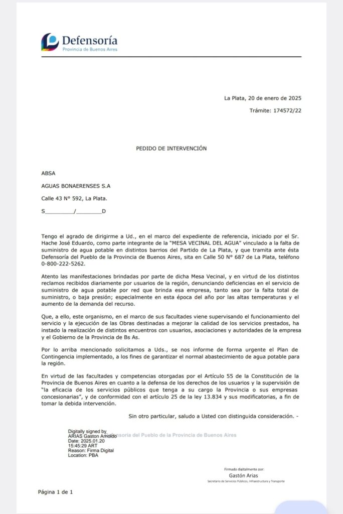 La Defensoría del Pueblo bonaerense y la Mesa Vecinal del Agua de La Plata se unieron para exigirle a ABSA que garantice el servicio en toda la ciudad.
