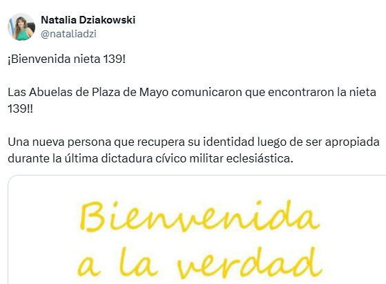 La diputada Natalia Dziakowski celebró la aparición de la nieta 139.