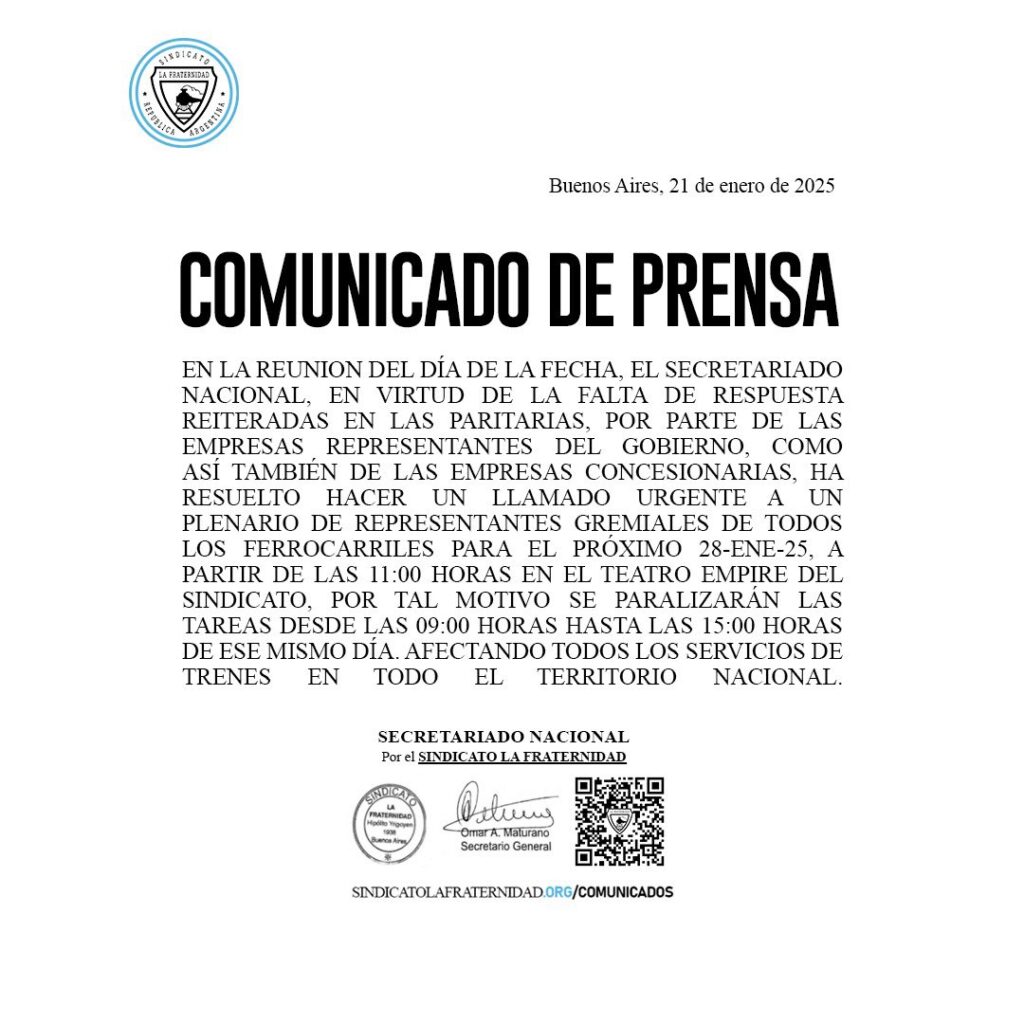 El comunicado de prensa de La Fraternidad sobre el paro de trenes del próximo 28 de enero.