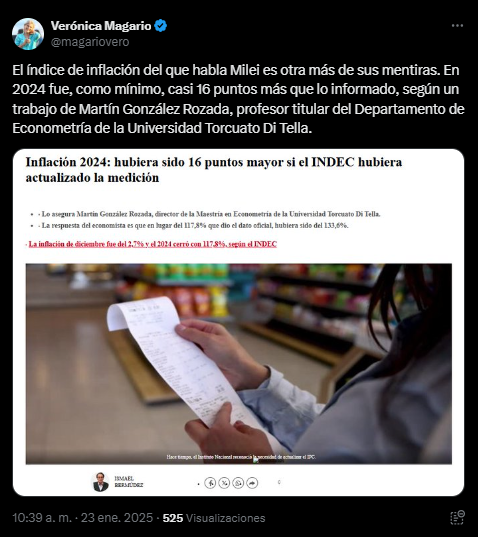 La vicegobernadora Magario utilizó su cuenta oficial de "X" para poner en duda los números de la inflación de Milei. 