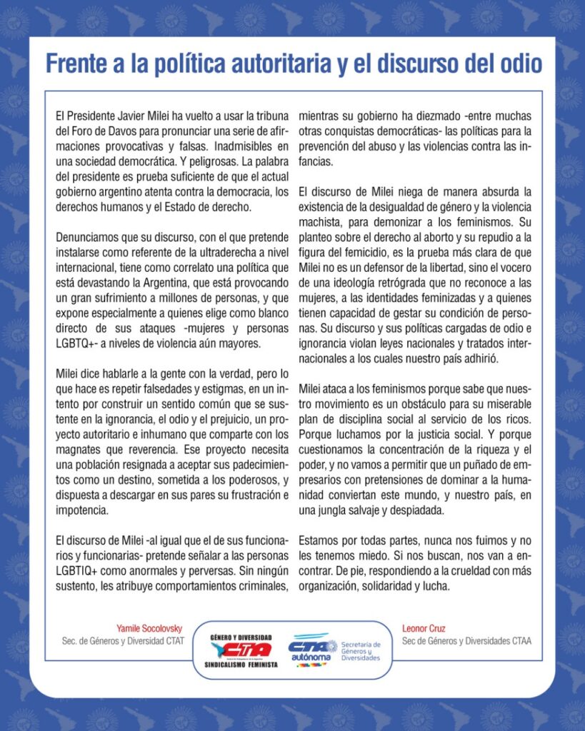 El comunicado de las dos CTA en repudio a los dichos de Milei durante la conferencia en el Foro de Davos.