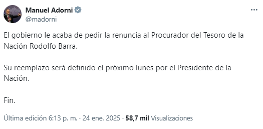 El comunicado de Adorni que confirmó la salida de Barra de la Procuración del Tesoro.