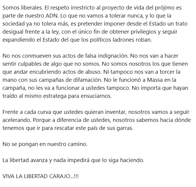 Milei arremetió contra las declaraciones de los diferentes dirigentes que salieron a cuestionar sus dichos en el discurso del Foro de Davos.