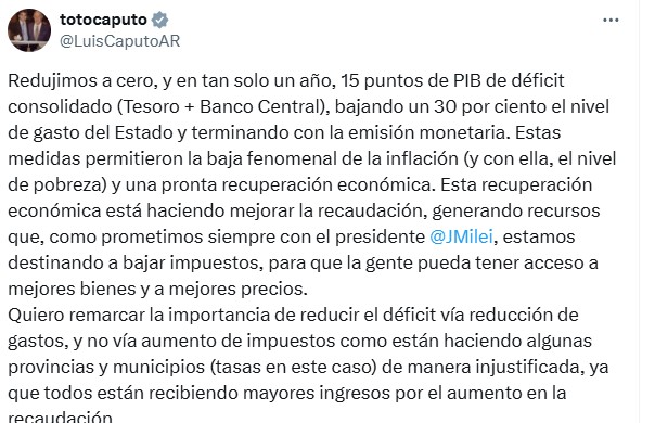 El twitter del ministro Luis Caputo en el que insistió con el reclamo a gobernadores e intendentes.