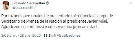 El secretario de Prensa de la Presidencia, Eduardo Serenellini, renunció a su cargo y el Ejecutivo evalúa que Manuel Adorni absorba sus responsabilidades. 