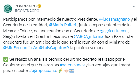 La Mesa de Enlace fue recibida por el Gobierno y donde manifestó las preocupaciones del sector, tras la baja temporal de las retenciones.