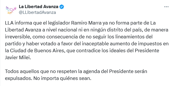 La Libertad Avanza anunció la expulsión de Marra.