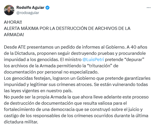 Aguiar apuntó contra Petri por la posible destrucción de archivos de la Armada.