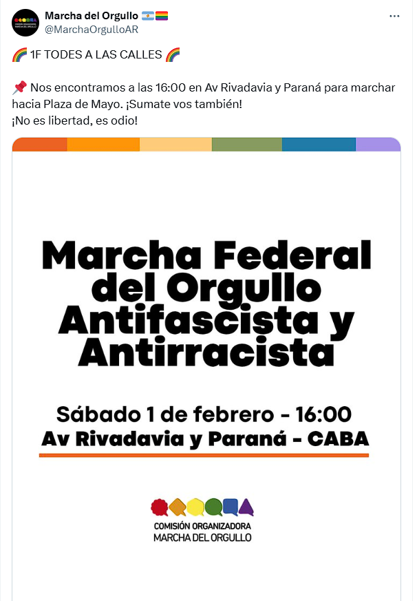 Marcha del Orgullo Antifascista: bajo la consigna “No al fascismo y no a los discursos de odio”, referentes de los distintos espacios marcharán a las 16 horas desde el Congreso de la Nación hacia Plaza de Mayo.