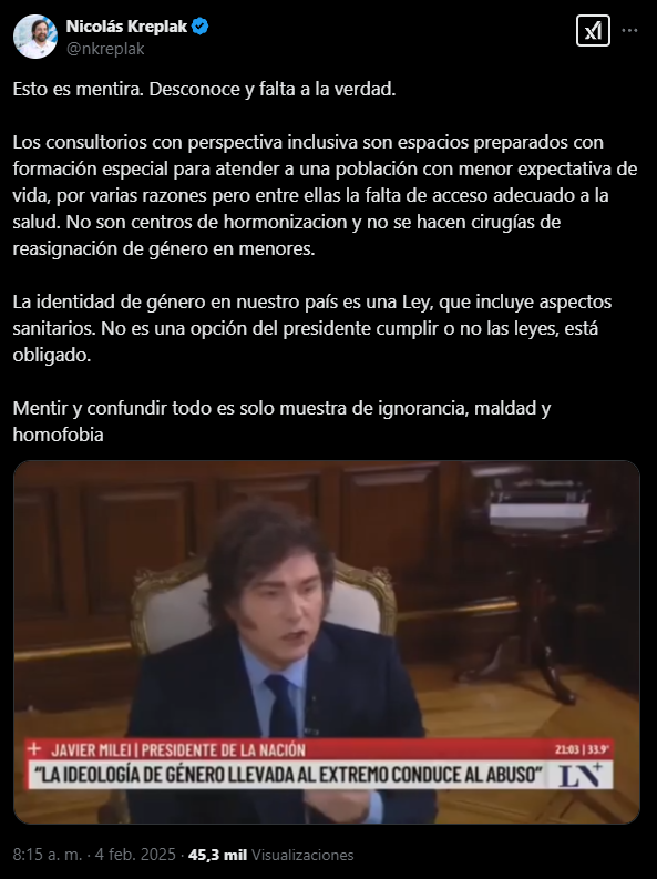 El ministro de Salud bonaerense, Nicolás Kreplak, trató de "mentiroso" y "homofóbico" al presidente de la Nación, Javier Milei.