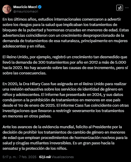 El expresidente Mauricio Macri celebró la polémica decisión de Milei en torno a los tratamientos de cambio de sexo y hormonización. 