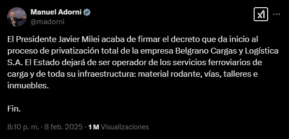 Privatización de Belgrano Cargas: el vocero presidencial, Manuel Adorni, ya había anticipado esta medida durante el fin de semana en su cuenta de “X”.