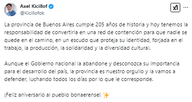 El mensaje de Axel Kicillof por el aniversario 205° de la provincia de Buenos Aires.