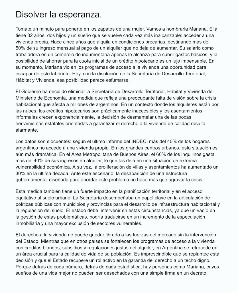 La diputada Braga utilizó sus redes sociales para compartir una extensa misiva en torno al cierre de la Secretaría de Vivienda. 