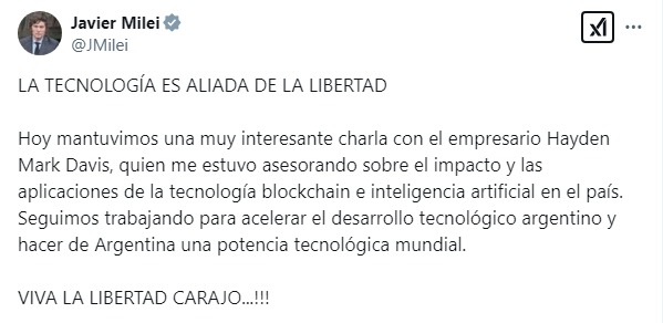 Milei se reunió con Davis y lo compartió en sus redes sociales.