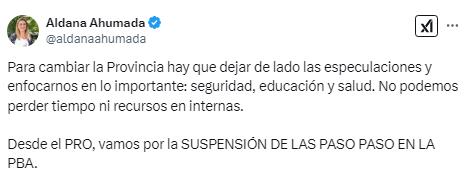 El posteo de la senadora del PRO bonaerense, Aldana Ahumada, en respaldo de una eventual suspensión de las PASO.