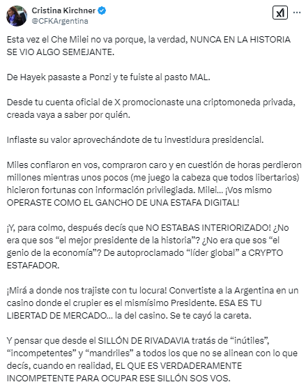 Cristina Kirchner arremetió contra contra Javier Milei luego de que trascendiera el crudo de la entrevista que realizó con Jonatan Viale.