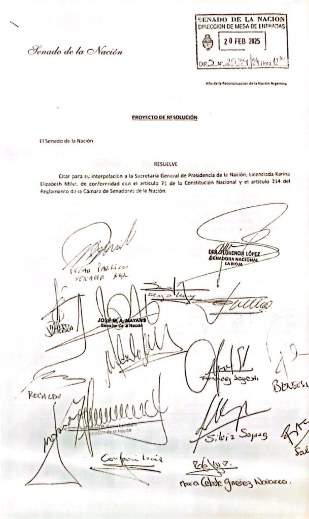 El pedido de interpelación a Karina Milei presentado este jueves por el bloque de senadores de UxP.