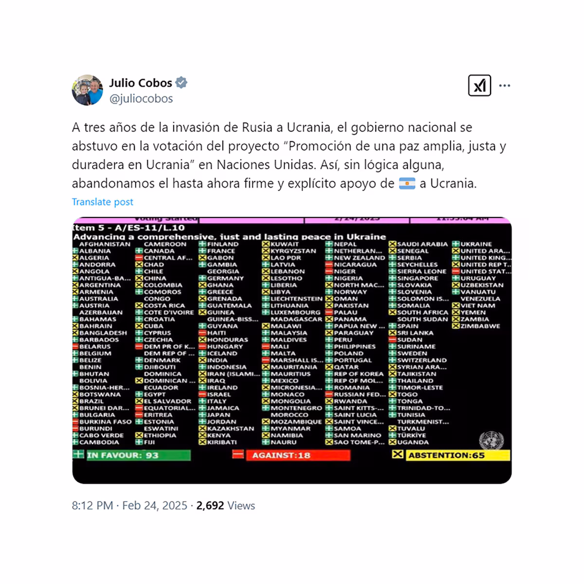 Julio Cobos presentó una iniciativa en el Congreso para que el Ejecutivo de Milei de explicaciones sobre el "cambio de postura" con Ucrania.