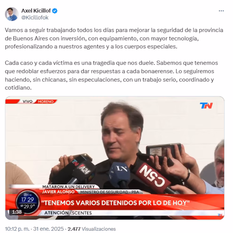 Kicillof utilizó su cuenta personal de "X" para responder a las críticas de la oposición y el Gobierno nacional. 