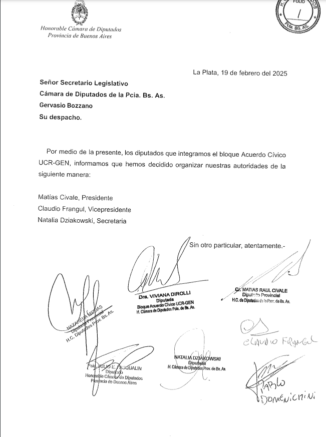 La carta que oficializó la llegada de Matías Civale a la presidencia del bloque Acuerdo Cívico (UCR-GEN)