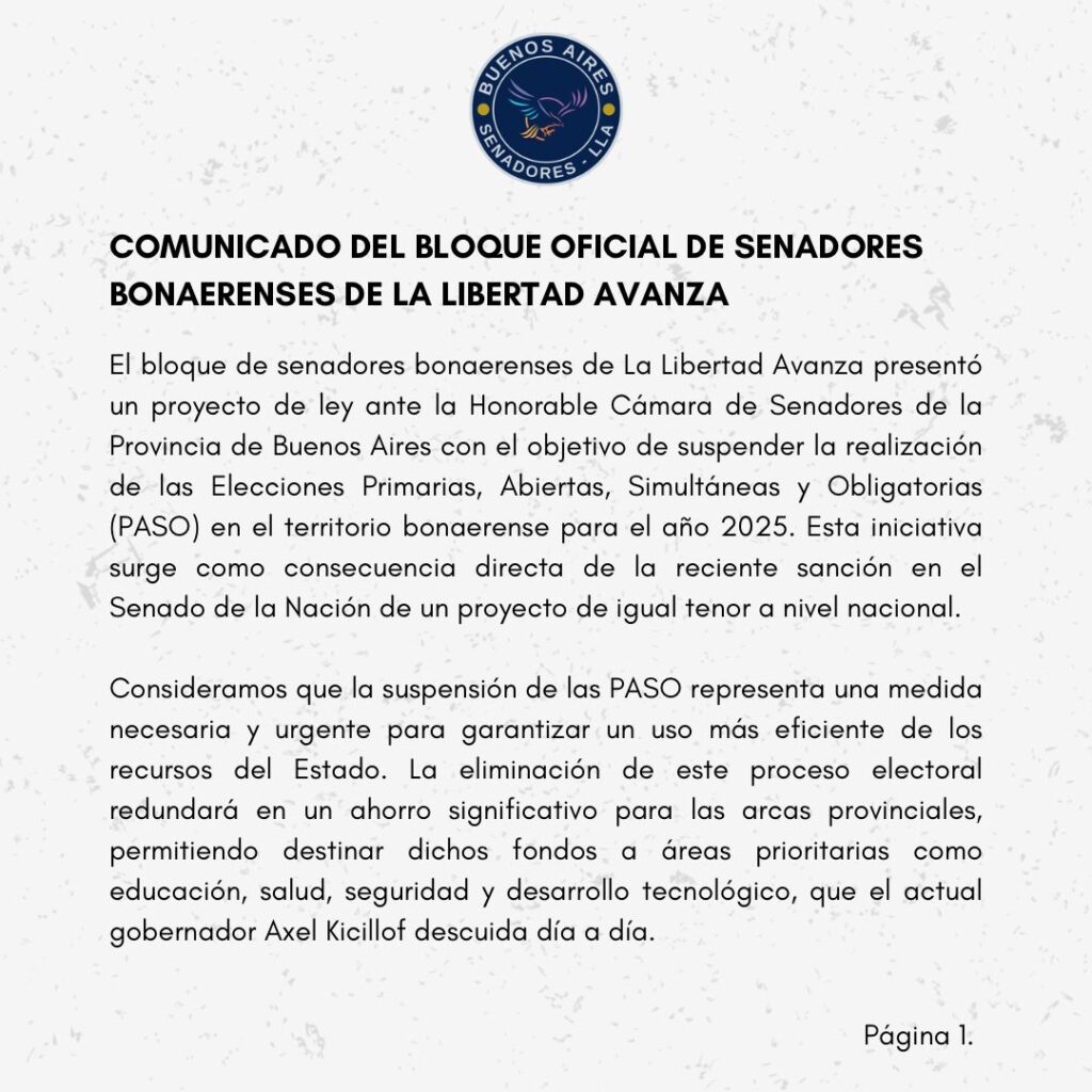 La Libertad Avanza primerea en la Legislatura bonaerense y propone suspender las PASO en la provincia de Buenos Aires para 2025.