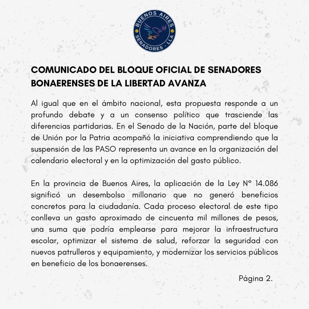 La Libertad Avanza primerea en la Legislatura bonaerense y propone suspender las PASO en la provincia de Buenos Aires para 2025.