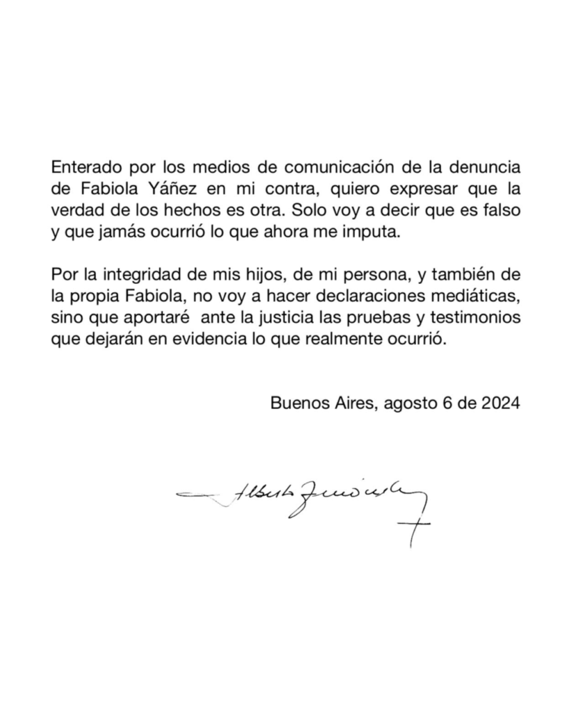 Comunicado del ex presidente, Alberto Fernández, tras la denuncia de Fabiola Yáñez.