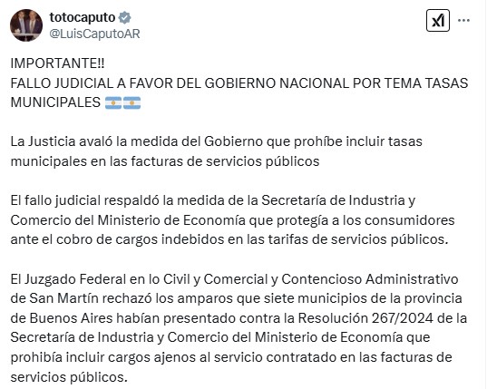 Tasas municipales: el posteo de Caputo celebrando el fallo judicial.