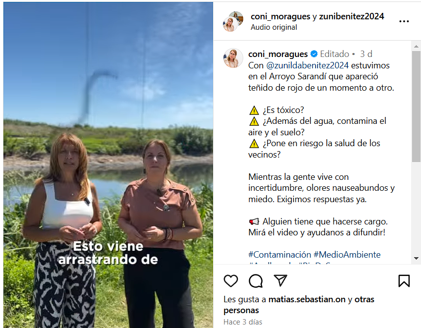 La diputada bonaerense, Constanza Moragues Santos, recorrió el arroyo de Sarandí contaminado.