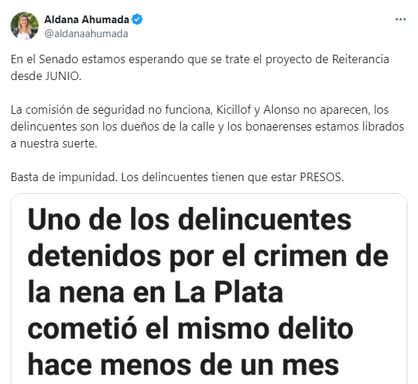 El mensaje de Aldana Ahumada pidiendo por el tratamiento por la ley de reiterancia delicitiva.