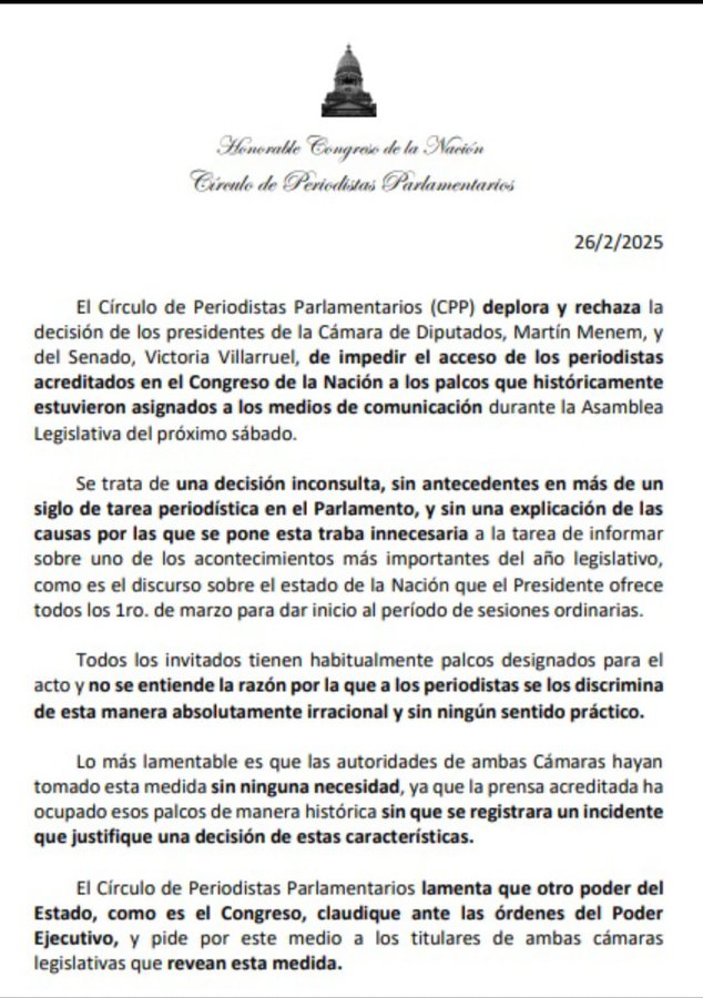 El Círculo de Periodistas Parlamentarios calificó la decisión del oficialismo como “totalmente irracional” y carente de justificación práctica.