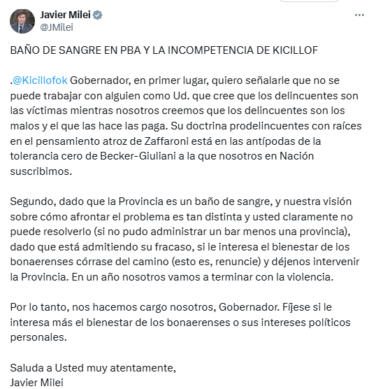 Milei cruzó a Kicillof por la inseguridad en la Provincia y rechazó la posibilidad de trabajar en conjunto para frenarla.