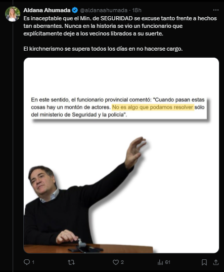 A través de un extenso hilo en su cuenta de “X” (ex Twitter), la legisladora Ahumada acusó a Alonso de excusarse y lo responsabilizó por la falta de respuestas ante la creciente inseguridad.