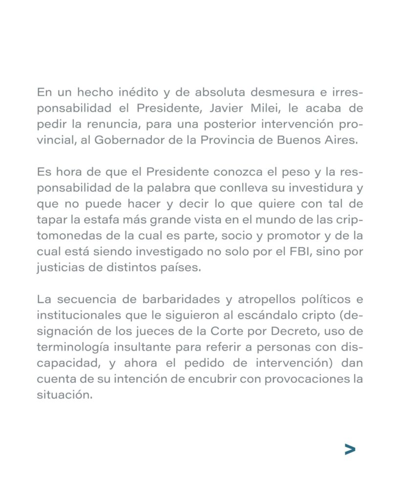 Legisladores bonaerenses rechazaron las declaraciones de Milei, que sugirió intervenir la provincia, luego de que Kicillof le pidiera trabajar juntos.