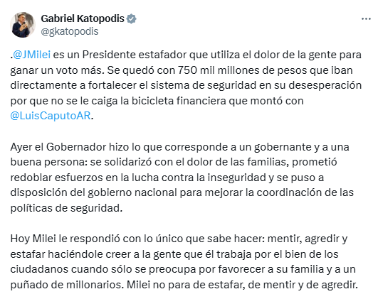 Katopodis defendió al Gobernador de la Provincia y apuntó contra Milei: "El Presidente miente, agrede y estafa a los argentinos". 