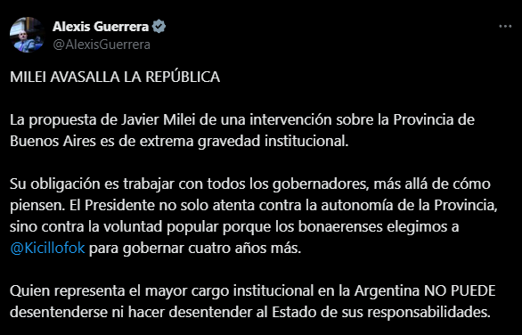 El mensaje de Alexis Guerrera contra Javier Milei.