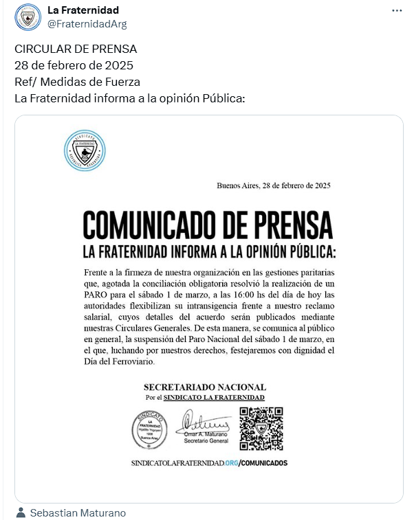 La Fraternidad suspendió el paro nacional de trenes, tras llegar a un acuerdo salarial.
