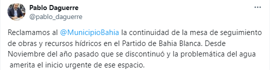 Daguerre le reclamó a Susbielles que reactive el funcionamiento de la Mesa del Agua en Bahía Blanca. 
