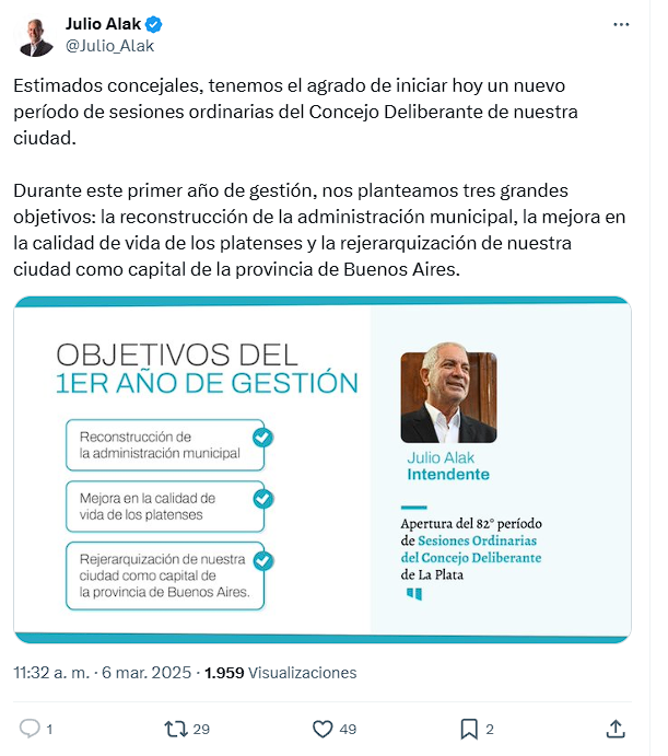En el marco de la apertura de sesiones del Concejo Deliberante, el intendente Julio Alak reveló los objetivos de su gestión.