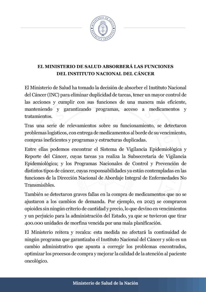 El Ministerio de Salud absorberá las funciones del Instituto Nacional del Cáncer.