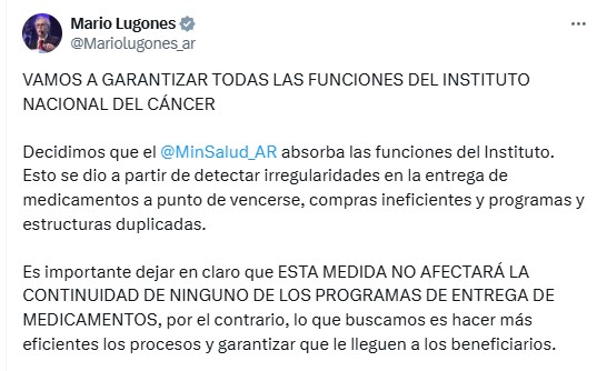 La aclaración del ministro Lugones tras el anuncio del cierre del Instituto Nacional del Cáncer.