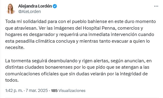 El mensaje de la diputada bonaerense del radicalismo, Alejandra Lordén, tras las fuertes inundaciones en Bahía Blanca.